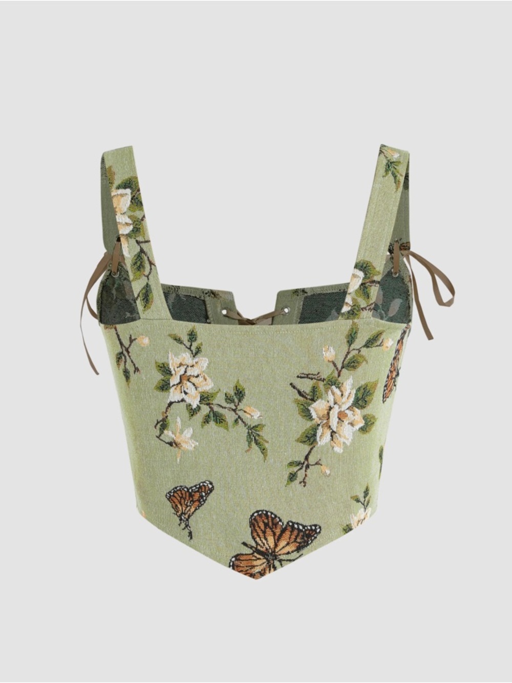Cider Green Floral Lace-Up Crop Top - Picture 3 of 5
